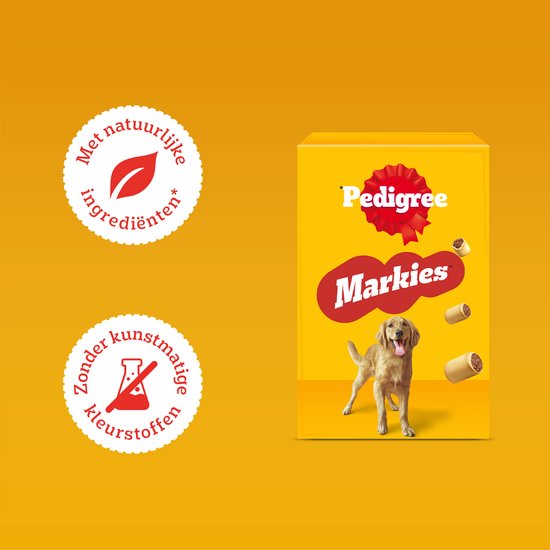 Verpakking Pedigree Markies Original met een Golden Retriever, met twee cirkels met tekst over natuurlijke ingrediënten en zonder kunstmatige kleurstoffen.