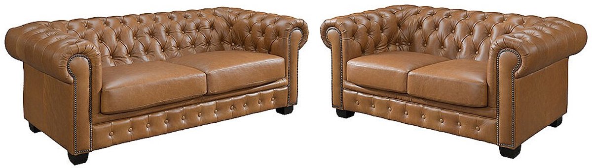 Vente-unique Chesterfield zitbank 3 + 2 plaatsen BRENTON 100% buffelleer - Vintage caramel