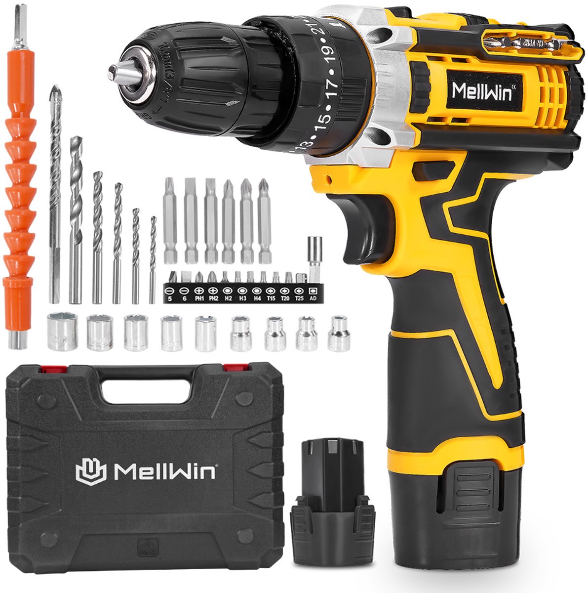 MellWin Accuboormachine - 38Nm Accuboormachine - Slagboormachine - met 2x accu's en 34 Accessoires - 25+3 koppelniveaus - 1500 TPM - 10mm Boorhouder - 2 snelheden