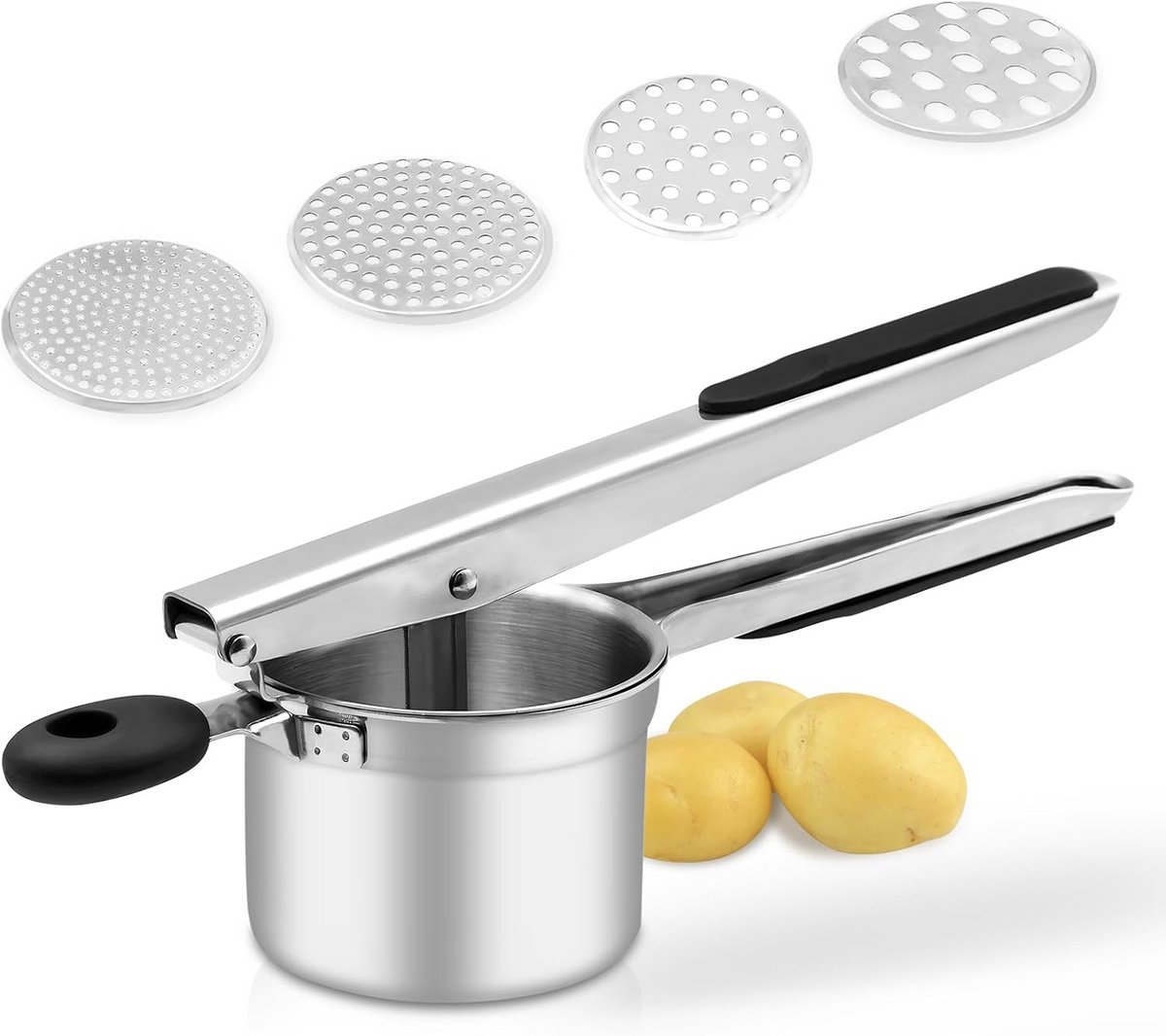 Aardappelpers RVS met 4 Verschillende Persplaten voor Fijne en Grove Puree