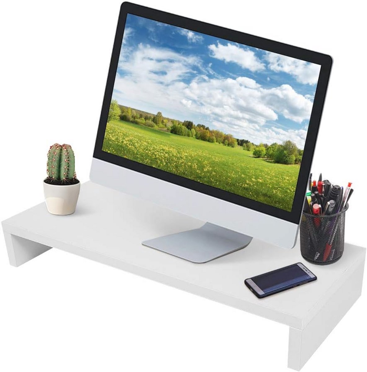 Monitorstandaard met Opbergruimte en Verhoogde Hoogte - Houten Bureau Organizer