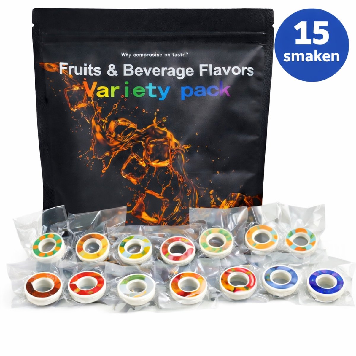 Beyahl - Geurpods voor Air Up Drinkfles – 15 Druppelvormige Smaken – Aardbei, Blauwe Bes, Citroen, Cola, Energiedrank, Perzik, Sinaasappel, Watermeloen, Ananas, Groene Druif, Sprite, Melk, Koffie, Cranberry en Whisky - Beyahl
