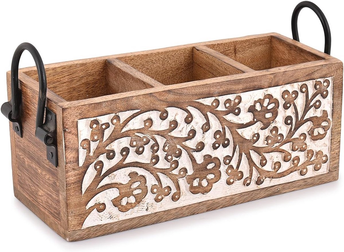Multifunctionele bestekbak met 3 compartimenten voor keuken en bureau - Houten caddy