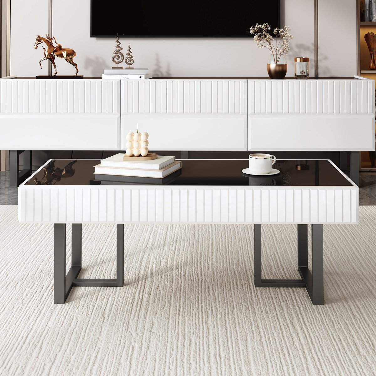 Moderne, minimalistische combinatie van salontafel en tv-meubel, opbergmeubelset in zwart-witte strepen, luxe woonkamermeubels