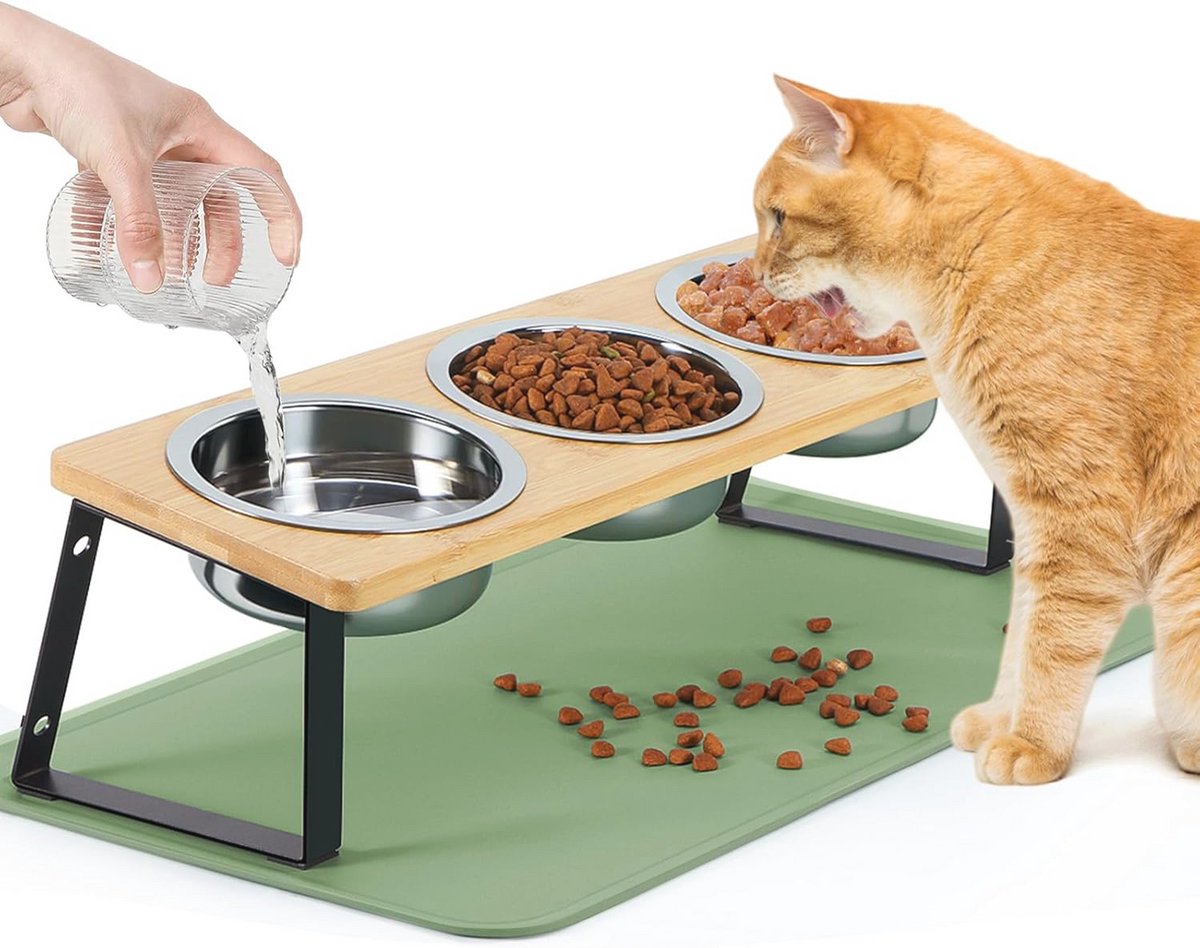 Kattenbak met standaard en gekantelde roestvrijstalen voerbakken voor katten en honden