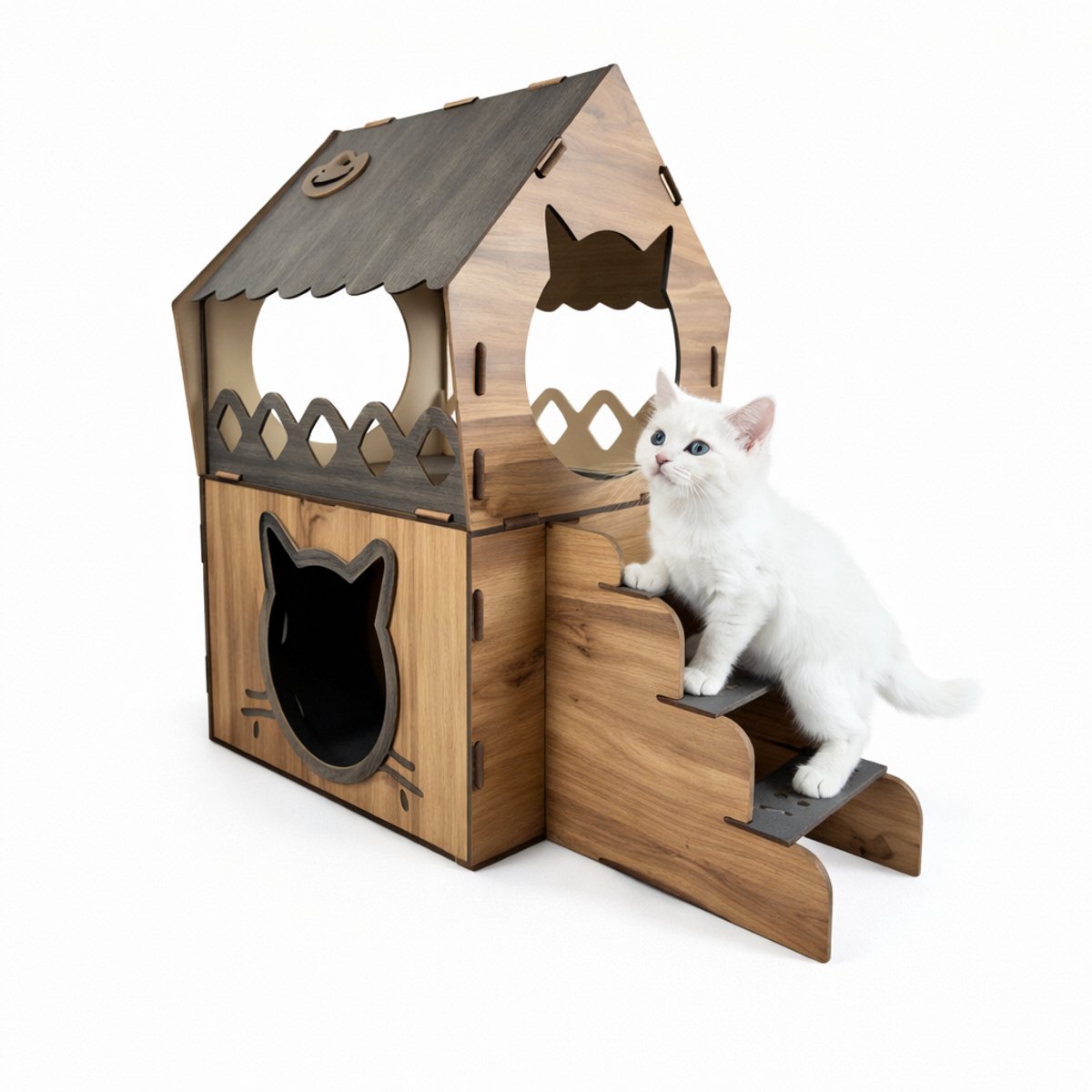 Niche pour chat d’intérieur XL - Niche en bois - 2 étages - Avec escalier - 42 x 35 x 68 cm - Mobilier pour chat d’intérieur - Niche pour chat - Niches pour chats