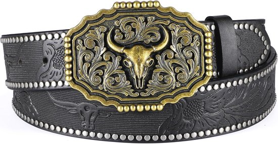 JasGood Western cowboyriem van leer voor dames en heren - Lange gesp - Cowgirl-riem - Gegraveerd bloemenpatroon - Vintage - Uniseks - Voor jeans, Donkerbruin, 110cm: Fit Taille Größe 87cm-96cm
