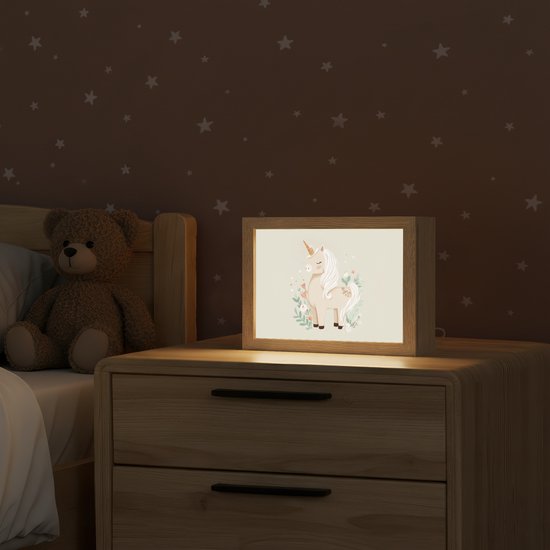 Nachtlampje 20x15 cm - Kinder lampje - Eenhoorn - Bloemen - Beige - Tafellamp kinderkamer - Slaapkamer lamp - Bedlamp kinderen - Kinderlampje stopcontact - Wandlamp babykamer - Nachtlampjes van Little Lamp Company — afbeelding 2