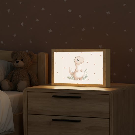 Nachtlampje 30x20 cm - Kinder lampje - Dinosaurus - Bladeren - Pastel - Stippen - Tafellamp kinderkamer - Slaapkamer lamp - Bedlamp kinderen - Kinderlampje stopcontact - Wandlamp babykamer - Nachtlampjes van OnlyWow — afbeelding 2