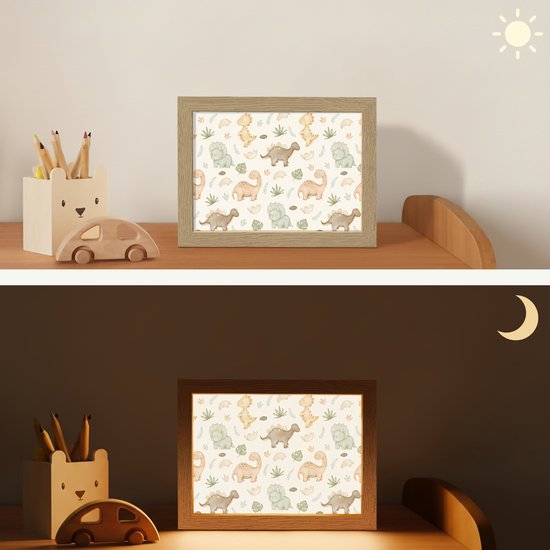Nachtlampje 20x15 cm - Kinder lampje - Dino - Patroon - Pastel - Tafellamp kinderkamer - Slaapkamer lamp - Bedlamp kinderen - Kinderlampje stopcontact - Wandlamp babykamer - Nachtlampjes van OnlyWow — afbeelding 4