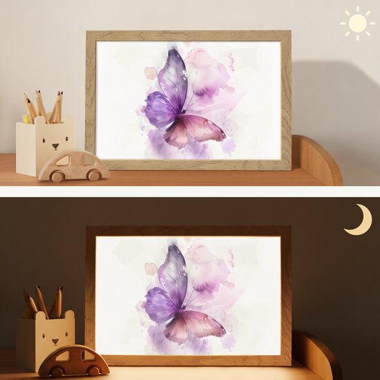 Nachtlampje 30x20 cm - Kinder lampje - Vlinder - Paars - Pastel kleuren - Tafellamp kinderkamer - Slaapkamer lamp - Bedlamp kinderen - Kinderlampje stopcontact - Wandlamp babykamer - Nachtlampjes van Merkloos — afbeelding 4