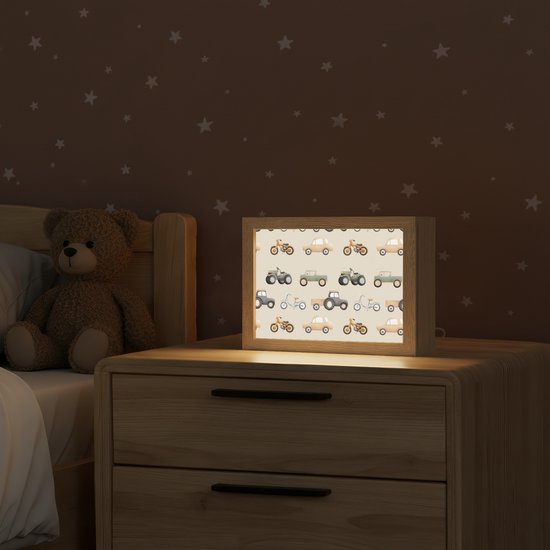 Nachtlampje 20x15 cm - Kinder lampje - Retro - voertuigen - patroon - Tafellamp kinderkamer - Slaapkamer lamp - Bedlamp kinderen - Kinderlampje stopcontact - Wandlamp babykamer - Nachtlampjes