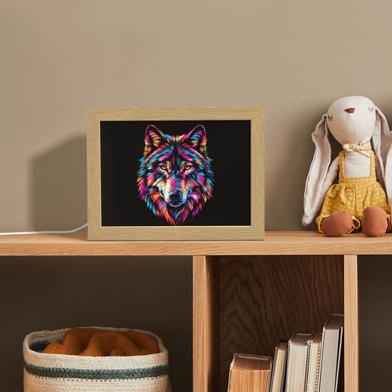 Nachtlampje 20x15 cm - Kinder lampje - Wolf - Kleurrijk - Zwart - Dieren - Neon - Tafellamp kinderkamer - Slaapkamer lamp - Bedlamp kinderen - Kinderlampje stopcontact - Wandlamp babykamer - Nachtlampjes van Merkloos — afbeelding 3
