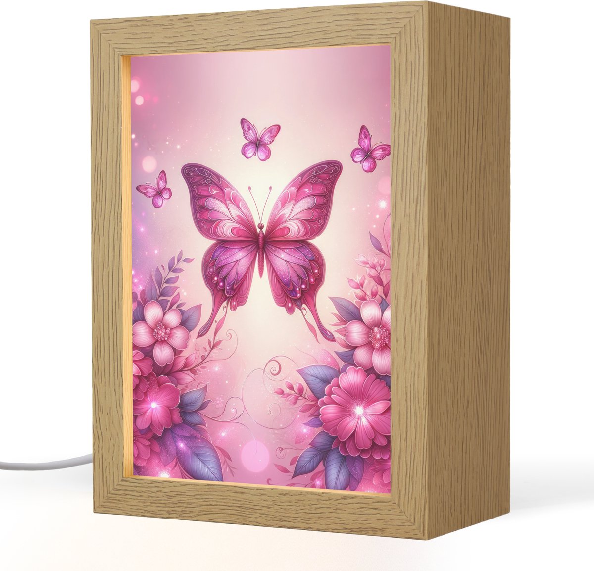 Nachtlampje 15x20 cm - Kinder lampje - Vlinder - Roze - Bloemen - Tafellamp kinderkamer - Slaapkamer lamp - Bedlamp kinderen - Kinderlampje stopcontact - Wandlamp babykamer - Nachtlampjes