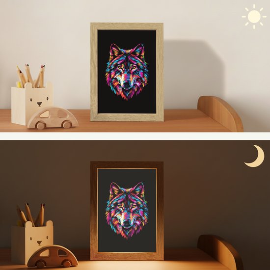 Nachtlampje 15x20 cm - Kinder lampje - Wolf - Kleurrijk - Zwart - Dieren - Neon - Tafellamp kinderkamer - Slaapkamer lamp - Bedlamp kinderen - Kinderlampje stopcontact - Wandlamp babykamer - Nachtlampjes van Merkloos — afbeelding 4