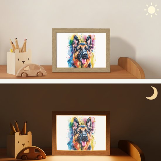 Nachtlampje 20x15 cm - Kinder lampje - Hond - Verf - Dieren - Kleurrijk - Duitse Herder - Tafellamp kinderkamer - Slaapkamer lamp - Bedlamp kinderen - Kinderlampje stopcontact - Wandlamp babykamer - Nachtlampjes van Merkloos — afbeelding 4