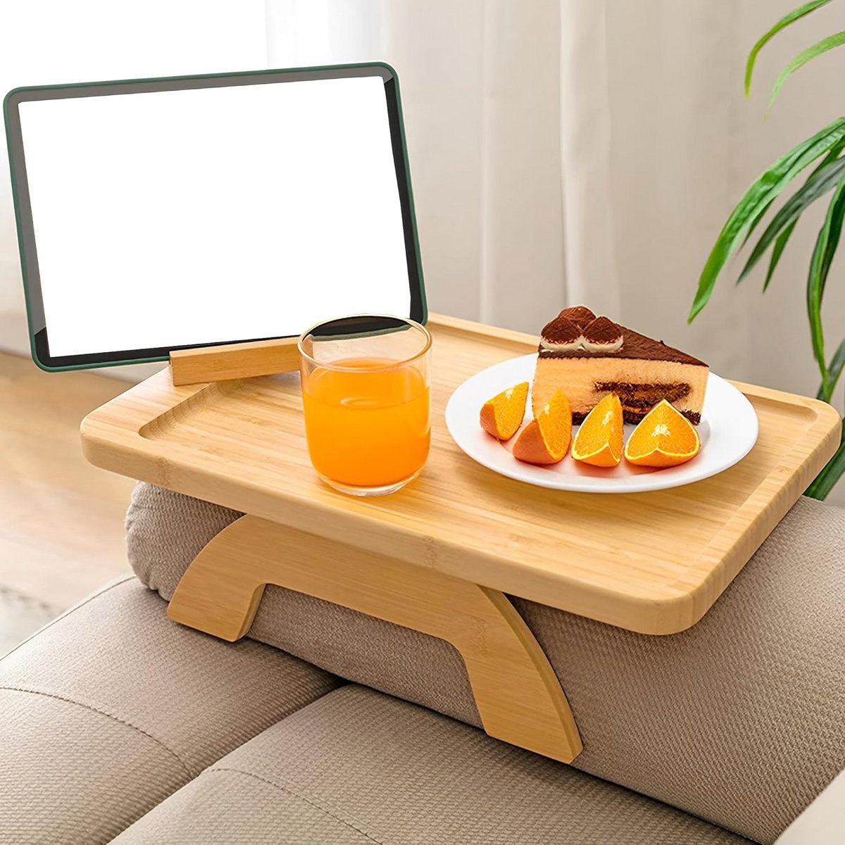 Draaibare Bank Armleuning Tafel - Klem Tafel van Bamboe voor Snacks en Tablet Houder