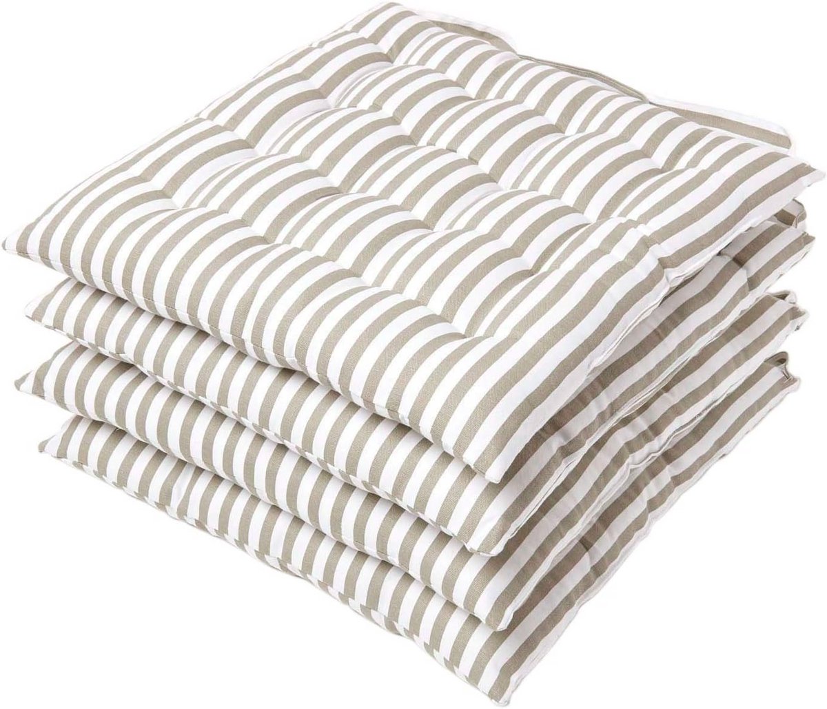 Set van 4 Gestreepte Stoelkussens 40x40 cm Grijs met Bandjes en Knopen - 100% Katoen