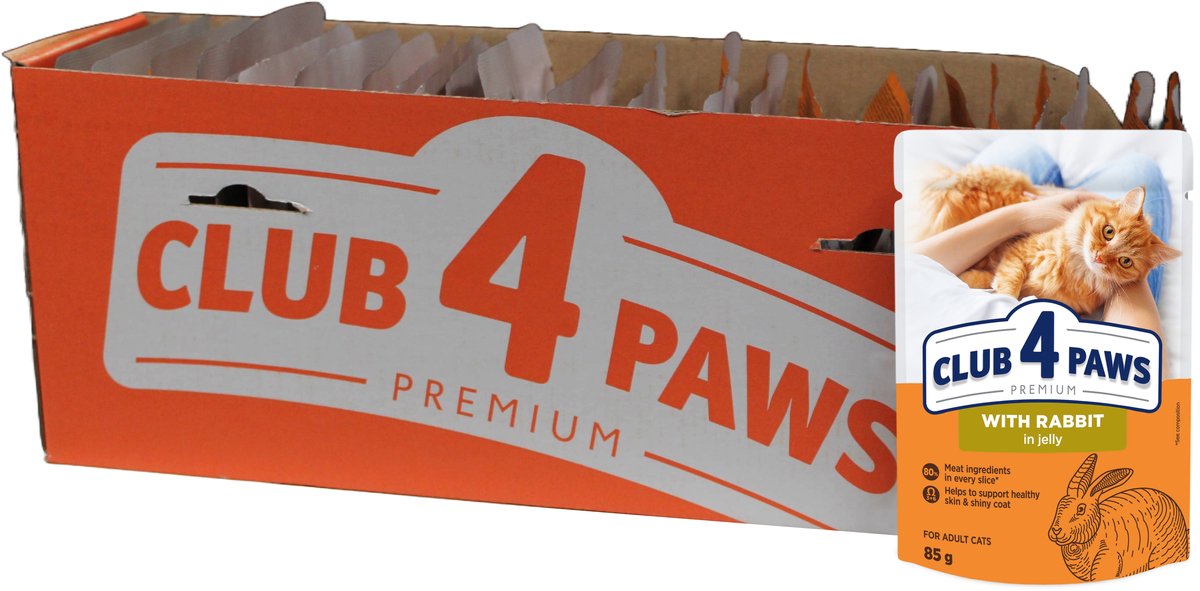 Natvoer Katten Club 4 Paws - Konijn in Gelei - 24x85g, Volwassen Katten, Omega 3 & 6