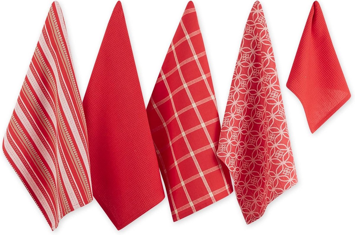 Set van 5 Geweven Keukendoeken en Vaatdoeken - Absorberend Katoen (Rood)