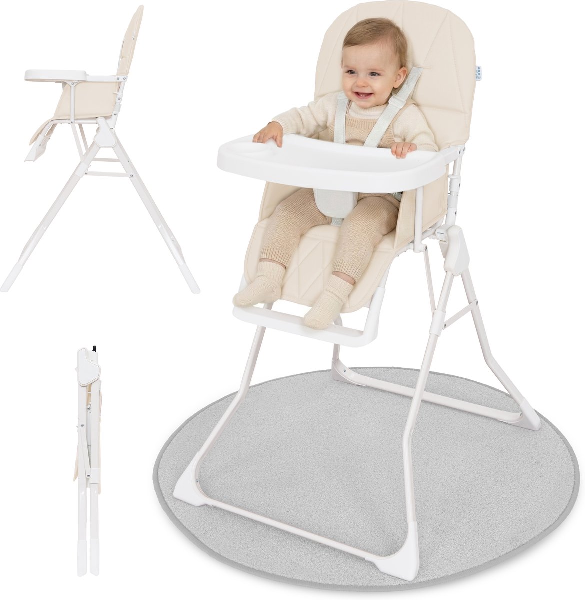 ib style Leno -Kinderstoel – inklapbaar en licht - 5 punts gordel - inclusief Afneembaar Eetblad - Eetstoel voor Baby's en Peuters - Beige