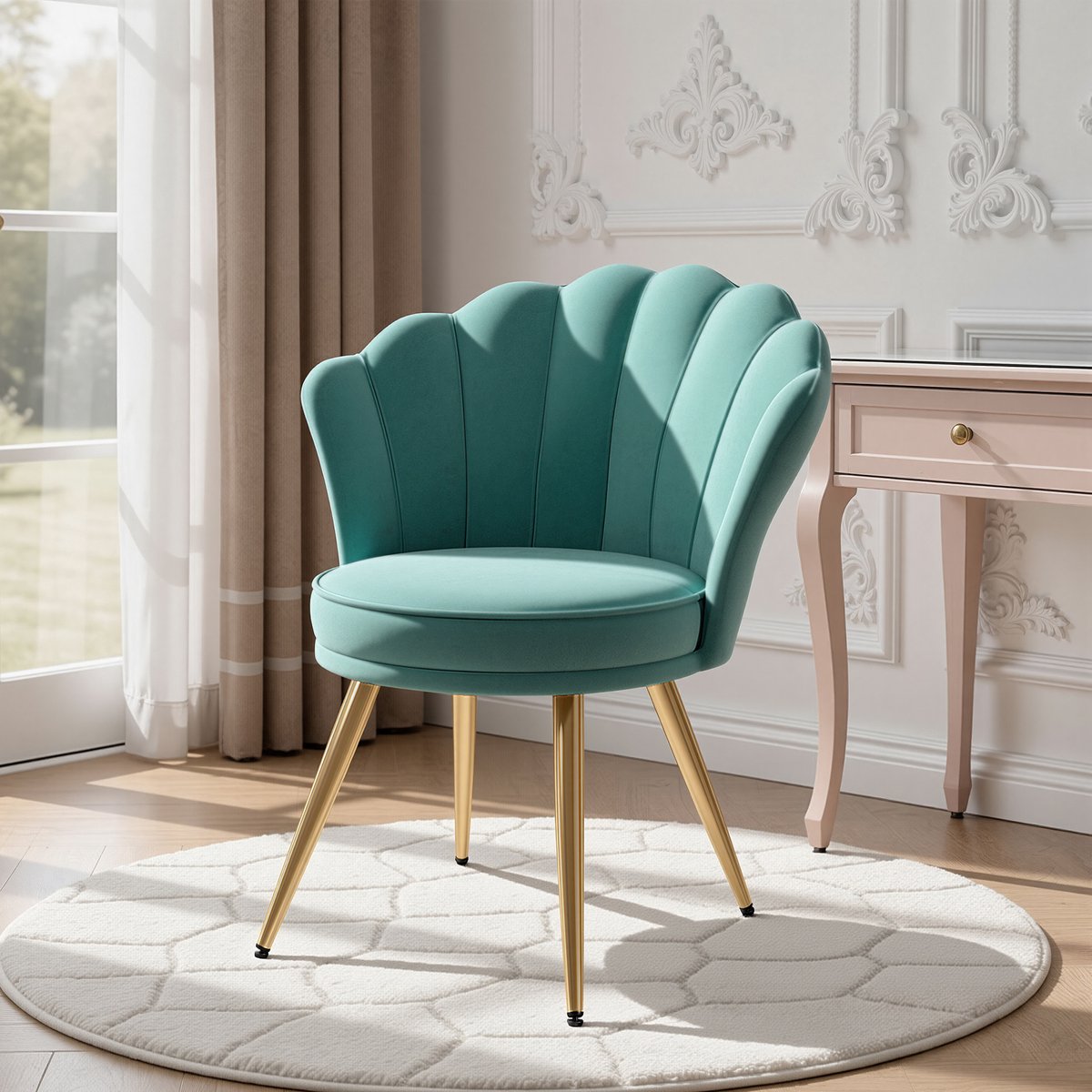 Moderne Accentstoel Fluweel, Gestoffeerde Fauteuil met Gouden Metalen Poten, Elegante Kaptafelstoel voor Woonkamer, Slaapkamer of Make-uphoek – Cyaan