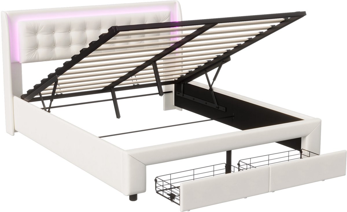 Gasveerbed met LED-verlichting in het hoofdbord, met lades en opbergruimte onder het bed, modern design, 180x200 cm – Beige thumbnail 5
