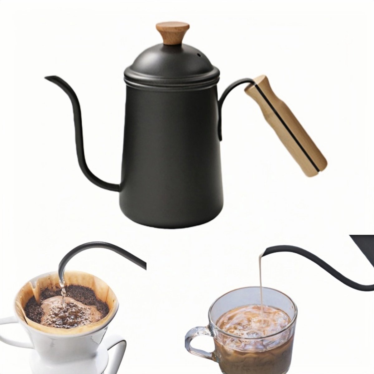 Pour Over Koffie Ketel - 650mL - Met Houten Handvat en Deksel - Roestvrij Staal - Goosenec