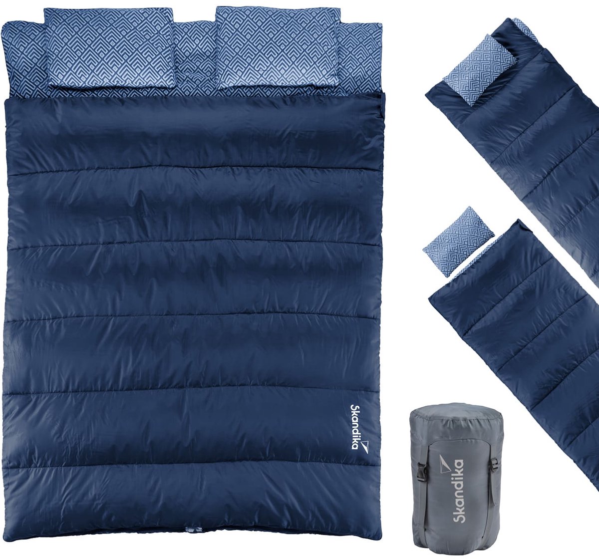 Skandika Doppelslaapzak Iceland Double - Slaapzak voor 2 Personen 3 Seizoenen, met/zonder flanel, katoen, kussen, 220 x 150 cm, als enkel slaapzak te gebruiken | Deken slaapzak (Flanel | Indigo)