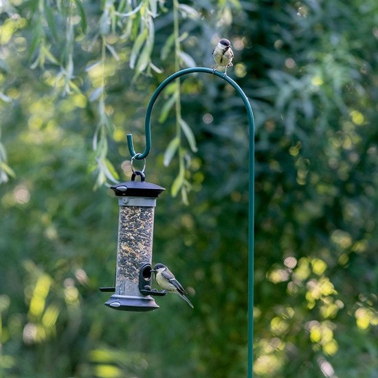 Groene vogelvoederpaal met voederhuisje, twee vogels eten zaden.
