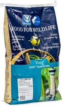 Zak vogelvoer 'Food For Wildlife' van Vivara met op de voorgrond een koolmees op een rad, en op de zak een afbeelding van een mees en vogels bij een voedersilo.