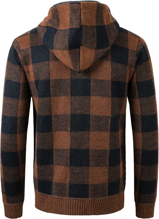 Achterkant van een bruin en zwart geruit vest met capuchon, ritssluiting en gebreide manchetten.