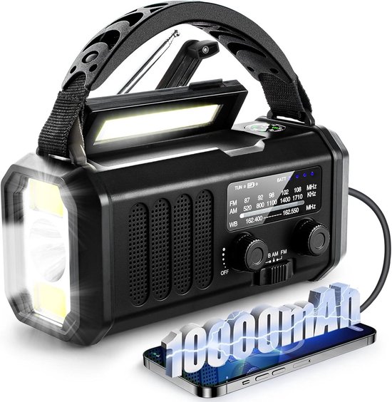 Noodradio - Solar Opwindbaar - 10.000mAh - Solar powerbank - Zonneenergie - Survival Noodpakket - Zaklamp Oplaadbaar - Noodpakket - Noodrantsoen - Zwart