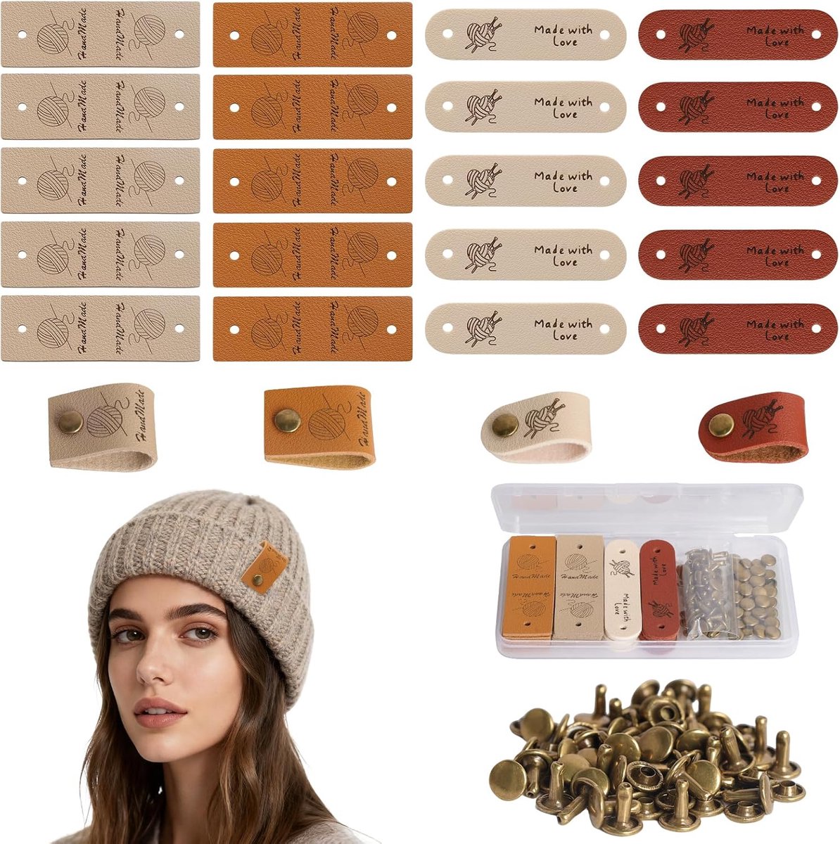 Leren label3x1,5 cm Gemaakt door oma - Wolcafé is de winkel voor haken, breien, amigurumi, workshops en meer