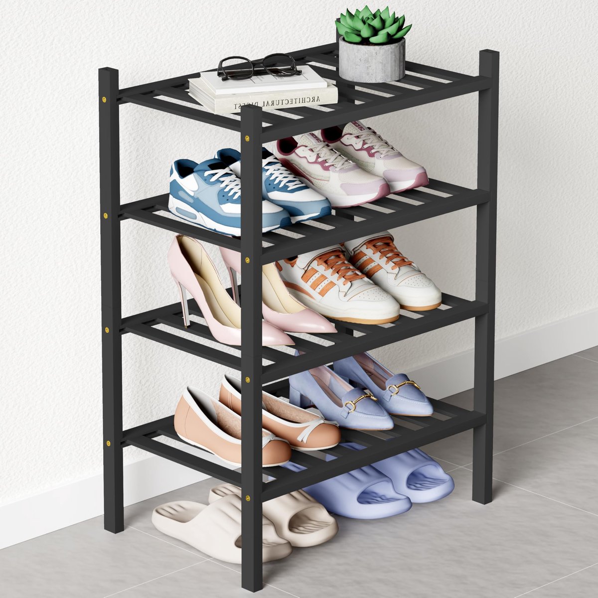 Homaxy Schoenenrek (4 niveaus)- Bamboe Schoenenrek - Voor 15 paar schoenen - 68x28x66cm - Zwart