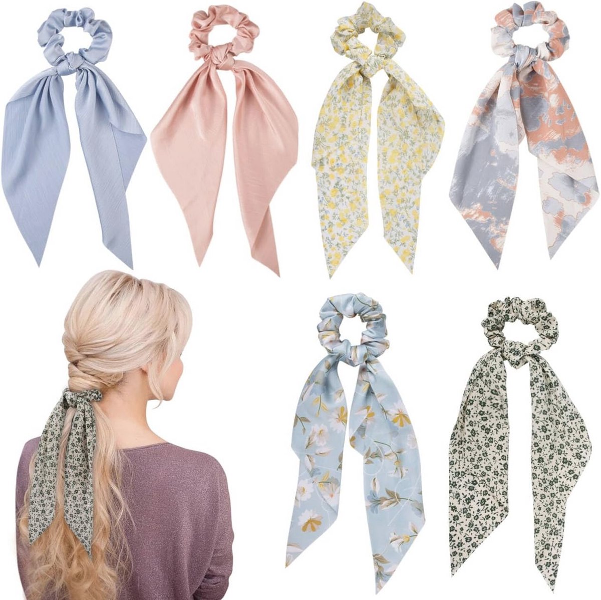 Chiffon Haar Scrunchies - Set van 6 Elastische Haaraccessoires met Bloemen Sjaal