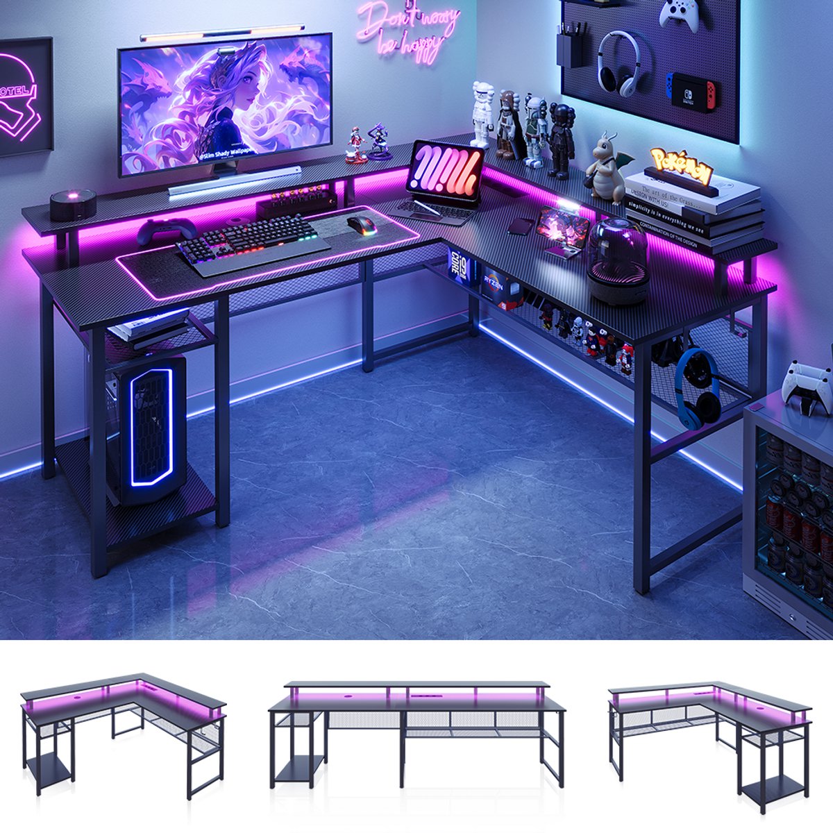 Mihtrov Gaming Bureau met LED Verlichting - L-Vormig Hoekbureau met Stopcontact - Stopcontact