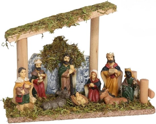 HI Verlichte kerststal - porselein/mos/hout - 40 x 16 x 26 cm - Kerststallen - HI