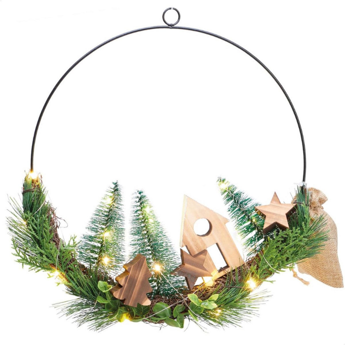 LED Krans Met Winterlandschap – 30 Cm Metalen Krans Met 20 Warm Witte LED Lichtjes – Decoratieve Verlichting Met Winterhuisje En Bomen – Binnenverlichting Voor Kerst – Kleurrijke LED Krans