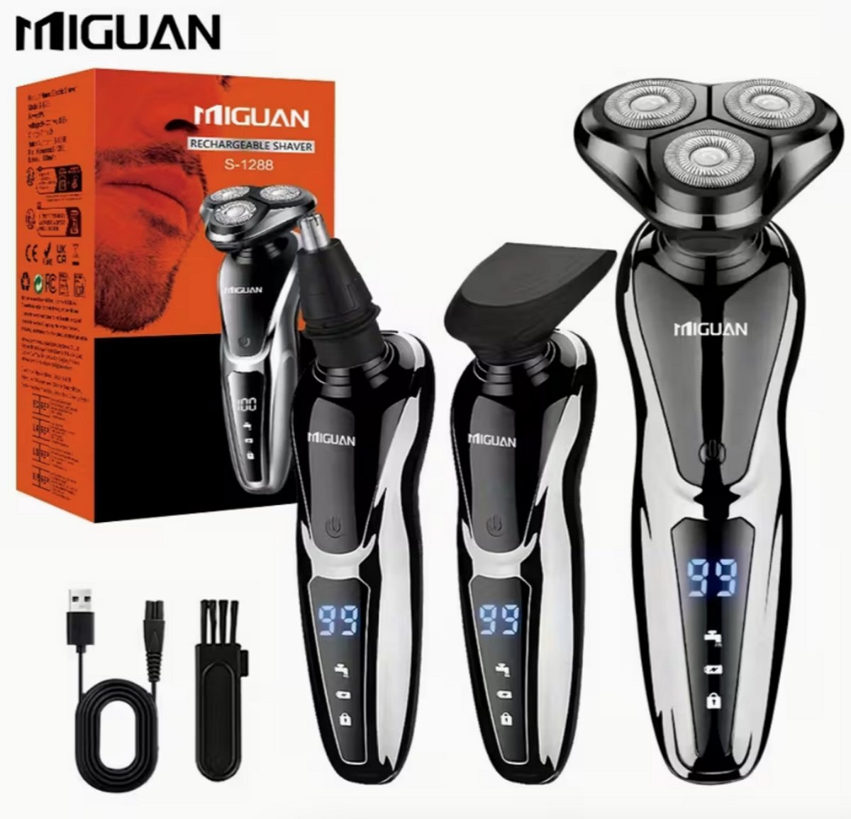 MIGUAN 3-in-1 Elektrische Grooming Kit – Scheerapparaat, Neustrimmer & Bakkebaardtrimmer – Met Digitaal Display – Draadloos & Reisvriendelijk – Voor Baard, Snor & Wenkbrauwen