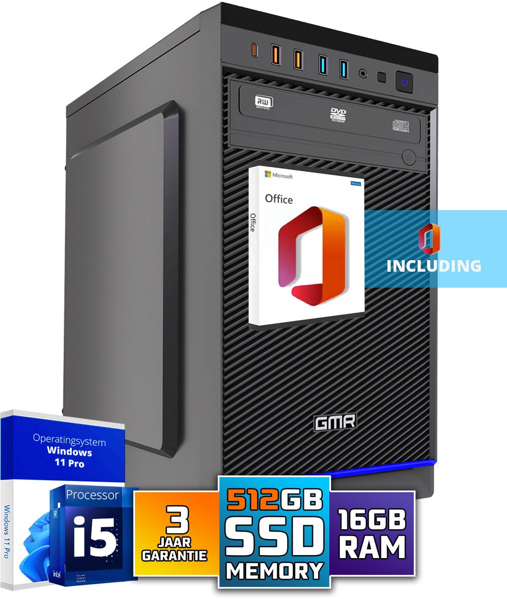 Intel Compleet Desktop SET | Intel Core i5 | 16 GB RAM | 512GB SSD | DVD+RW | Windows 11 Pro | 27 Inch Monitor + Muis & Toetsenbord