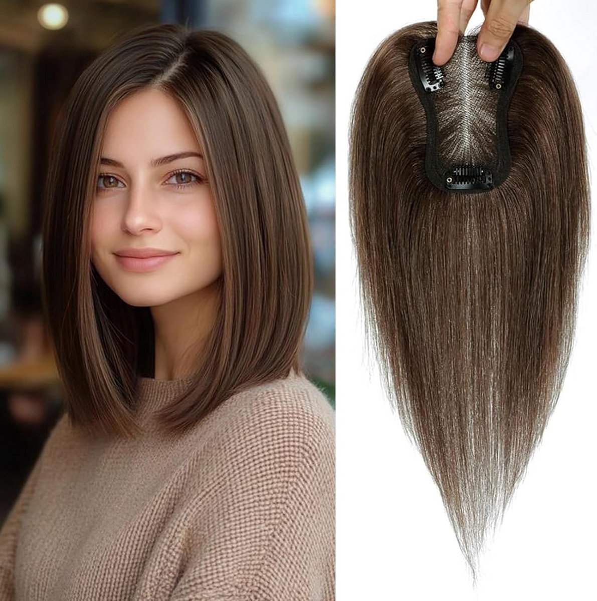 Haartopper Vrouwen Middenbruin (25,5 cm) Clip-in Haarstuk met Zwitserse Basis