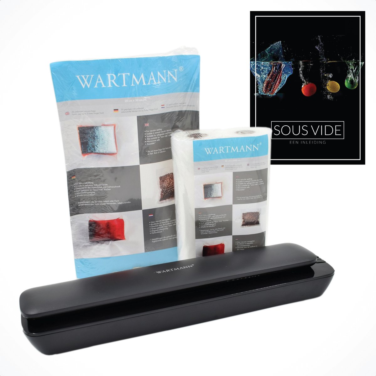 Wartmann 1507sl - vacumeermachine - 50 st. vacuumzakken (20*30cm) - 2 st. Vacuumrollen (20*600 cm) - Complete Vacuümsealer Set - Incl. Digitaal Handboek
