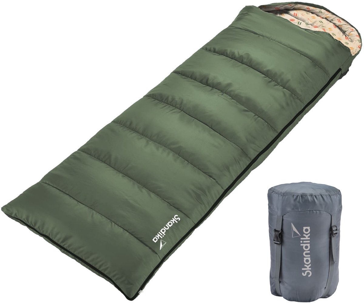 Skandika Iceland-R Slaapzak - Slaapzakken – Slaapzakken volwassen – Unisex - Polykatoen zachte binnenvoering voor 2 personen met draagtas koppelbaar tot 0 ° C / 3 ° C / 5 ° C - 220 x 80 cm - Outdoor kampeerslaapzak – Ritssluiting rechts – groen