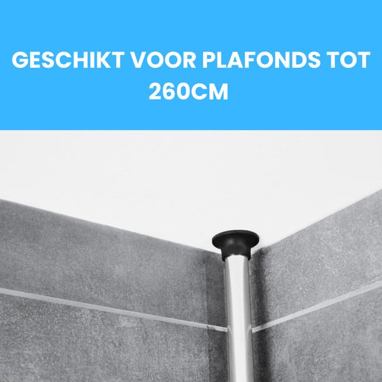 Hoogte-instelling van het telescopische doucherek, geschikt voor plafonds tot 260 cm.