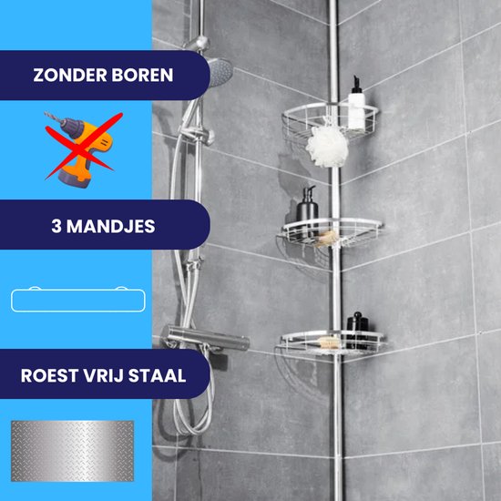 Chroom doucherek zonder boren met 3 mandjes, roestvrij staal