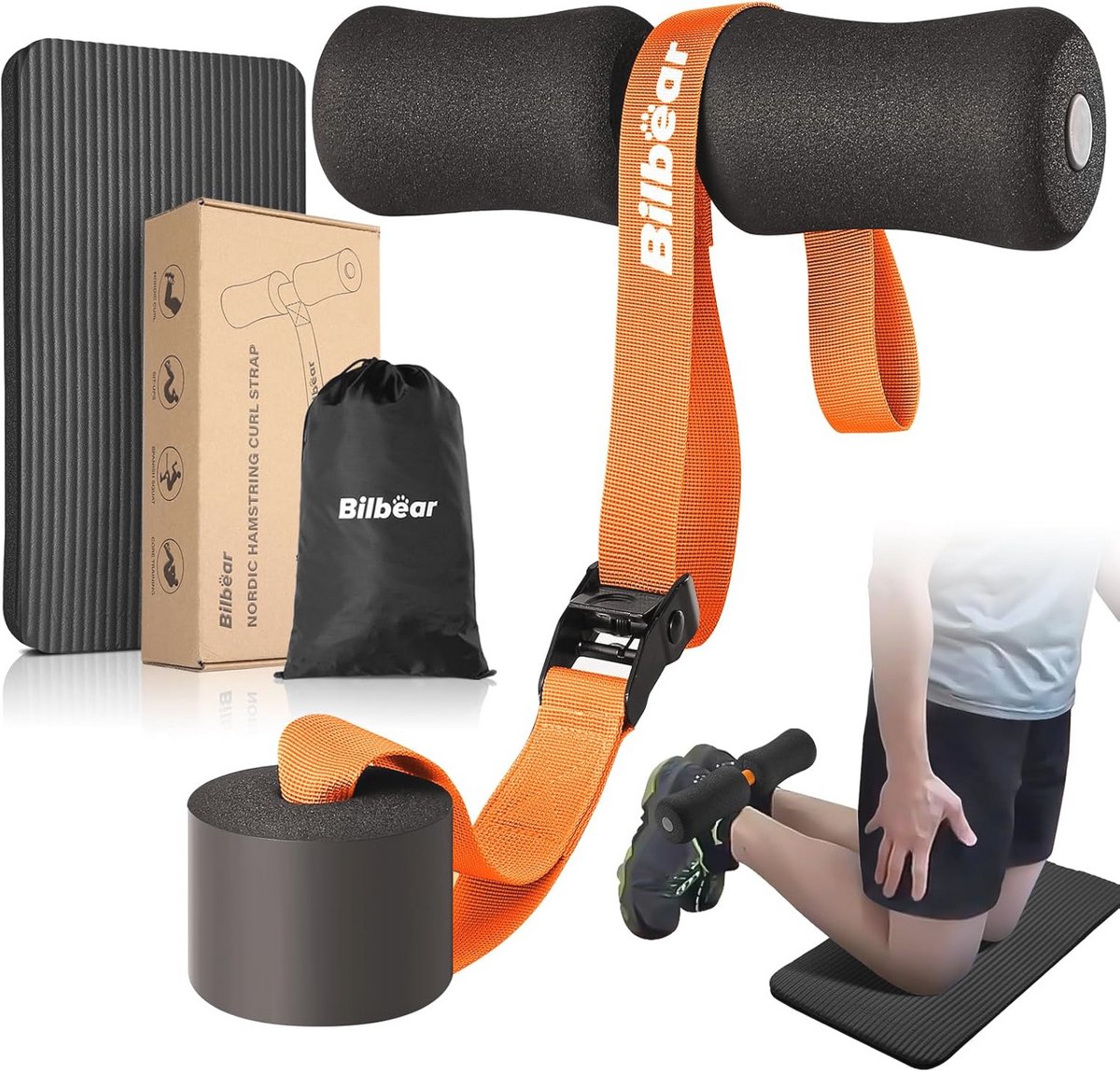 Verstelbare Nordic hamstring krul riem met kniemat - Draagbare riem voor hamstring-curls, rek en buikspieroefeningen voor thuis