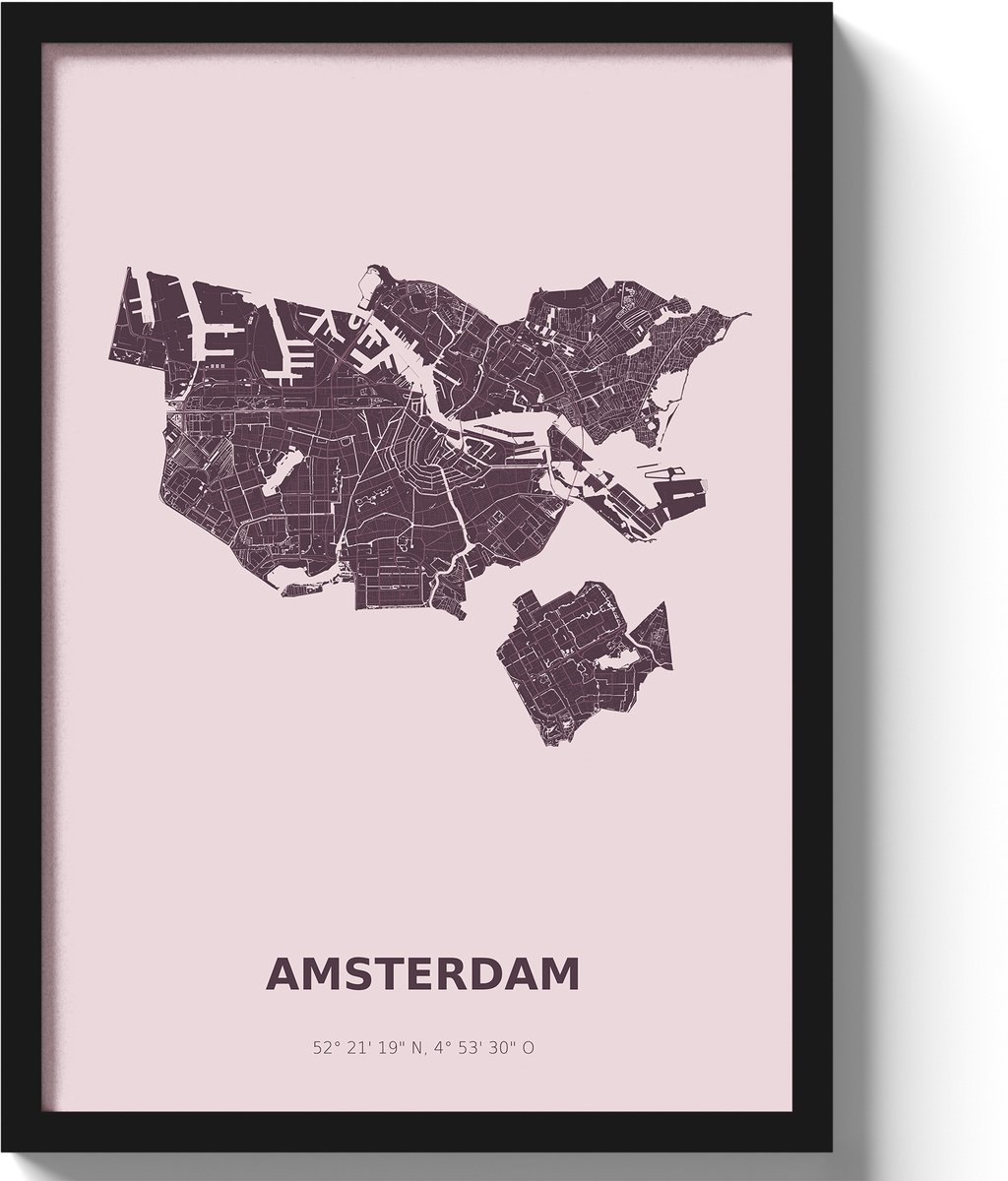 Poster Amsterdam A2 - 42 x 59,4 cm - Paars Inclusief lijst (Zwart MDF)