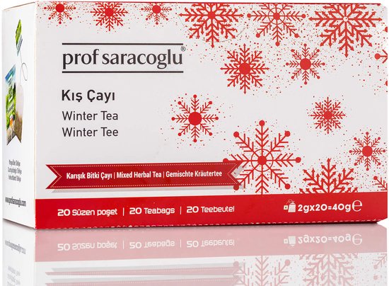 Prof Saracoglu Kış Çayı (Winter Tea) verpakking met rode sneeuwvlokken en de tekst 'Winter Tea'.