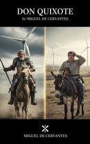 Boekomslag met Don Quixote op een paard, links, en Sancho Panza op een ezel, rechts. Windmolens op de achtergrond.